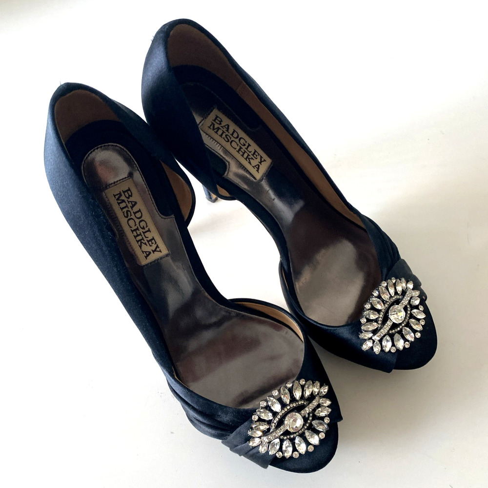 Badgley Mischka D'Orsay Pump Platform Black Satin Peep Toe Embellished Crystal 8 - Picture 4 of 10